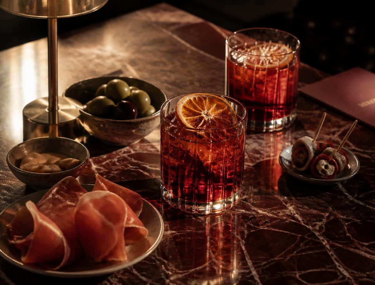Negroni e stuzzichini su tavolo di marmo